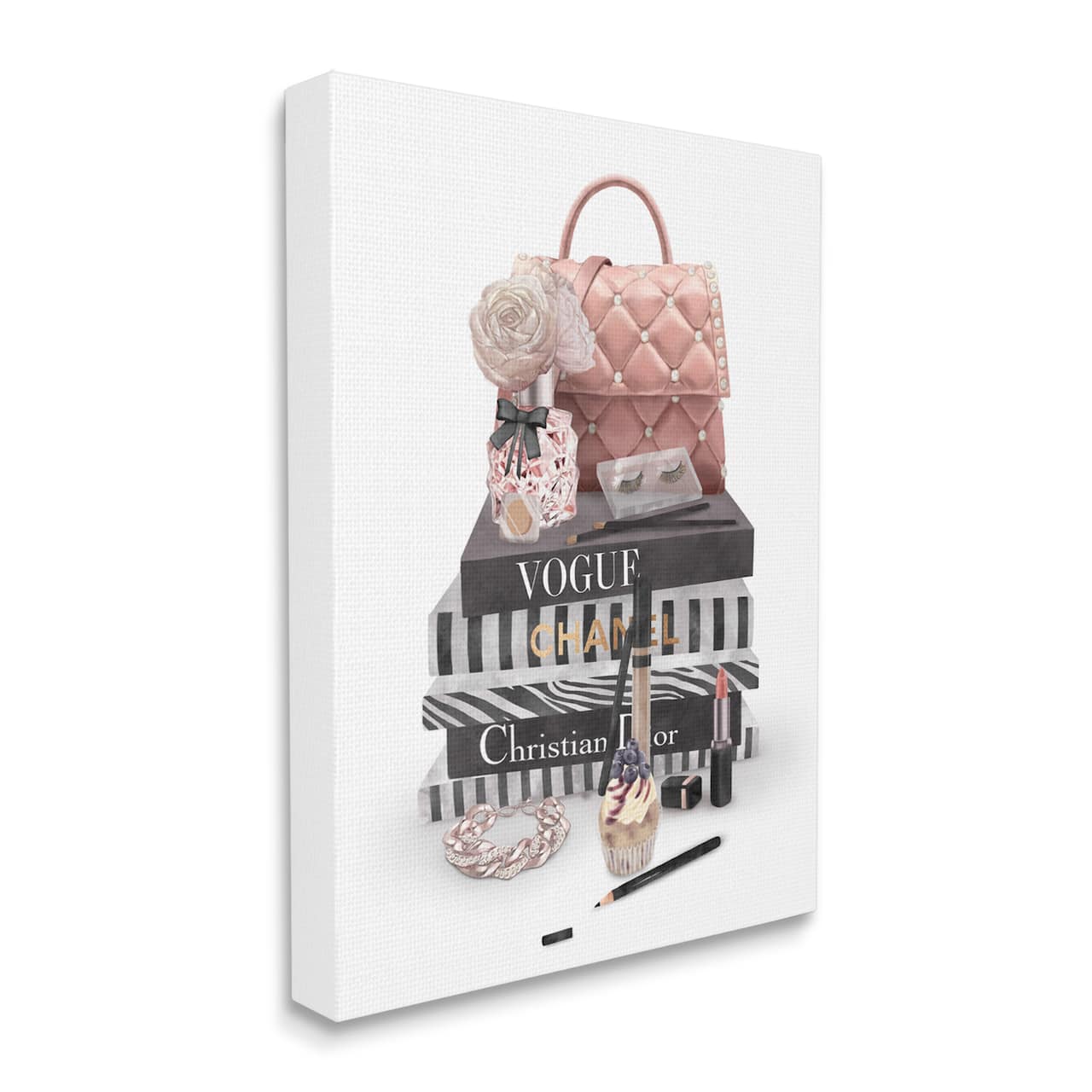 Stupell Industries Fashion Bookstack Purse Perfume Pink Glam Design Canvas Wall Art